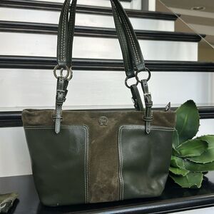 Etienne Aigner Genuine Leather & Suede Olive Green Shoulder Bag w/ Pouch
